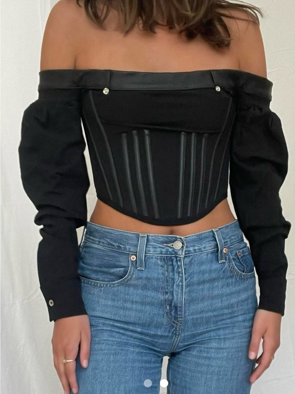 Manière De Voir Black Off-The-Shoulder Long Sleeve Corset Crop Top Size 4